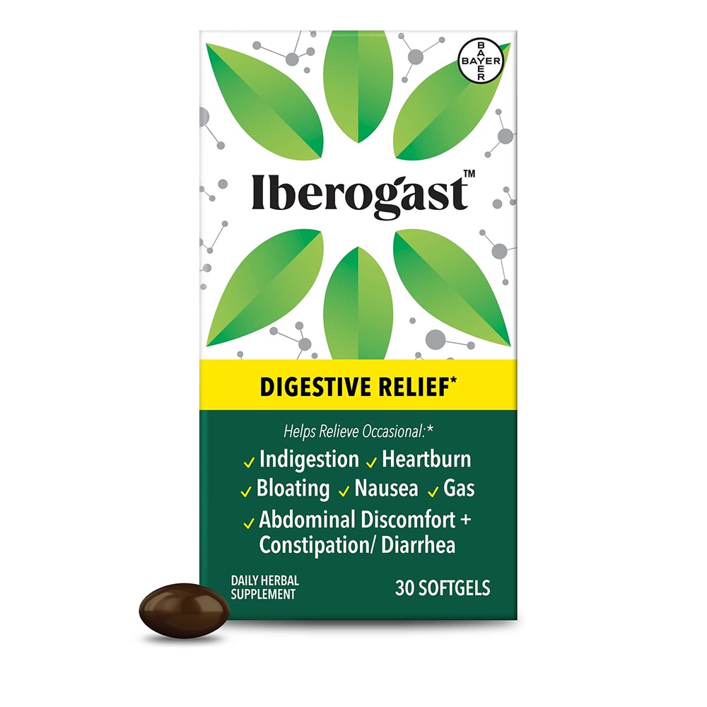White-green pack of Iberogast® soft gels with one soft gel placed in the left bottom.